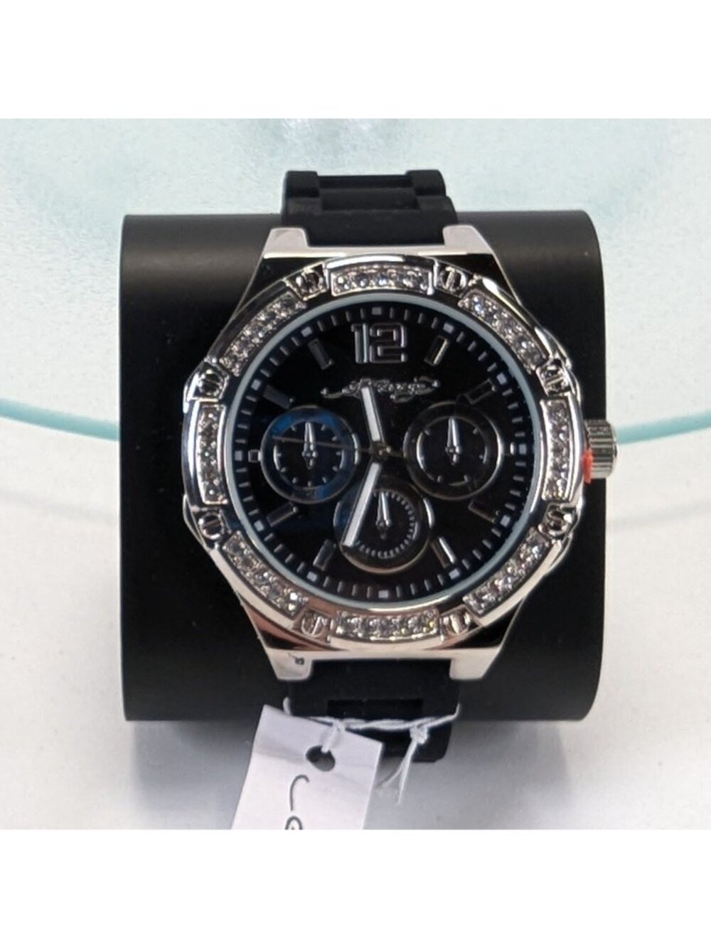 Ed Hardy Mens Black Dial Watch Rhinestone Bezel w Silicone Band NIB